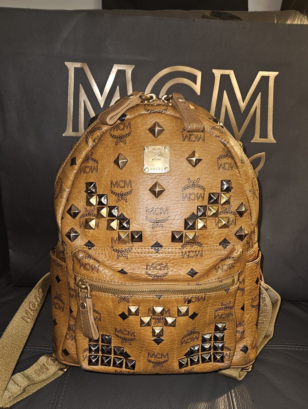 MCM Cognac Logo Studded Visetos Backpack with Gold Hardware